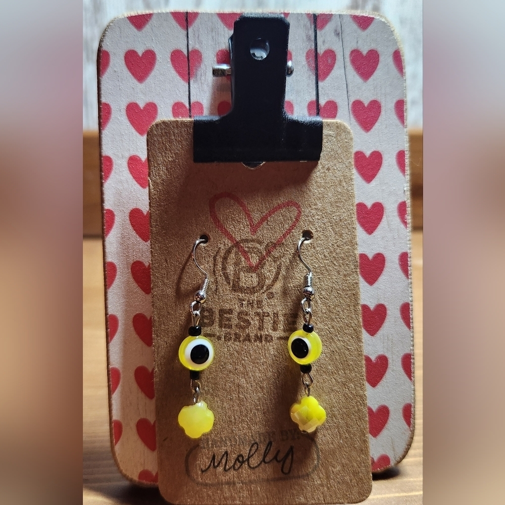 Handmade "Evil Eye" Nazar Beaded Dangle Earrings Yellow Health Mental Focus